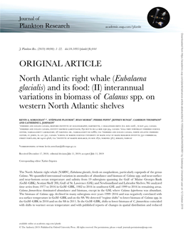 ORIGINAL ARTICLE North Atlantic Right Whale (Eubalaena Glacialis) and Its Food: (II) Interannual Variations in Biomass of Calanus Spp