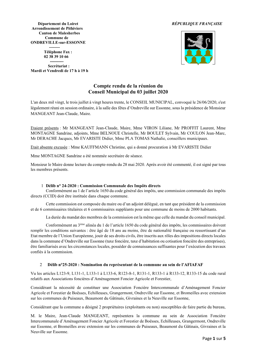 Compte Rendu De La Réunion Du Conseil Municipal Du 03 Juillet 2020