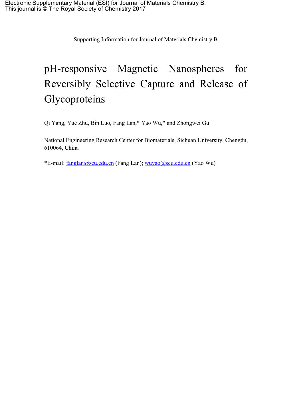 Ph-Responsive Magnetic Nanospheres for Reversibly Selective Capture and Release of Glycoproteins