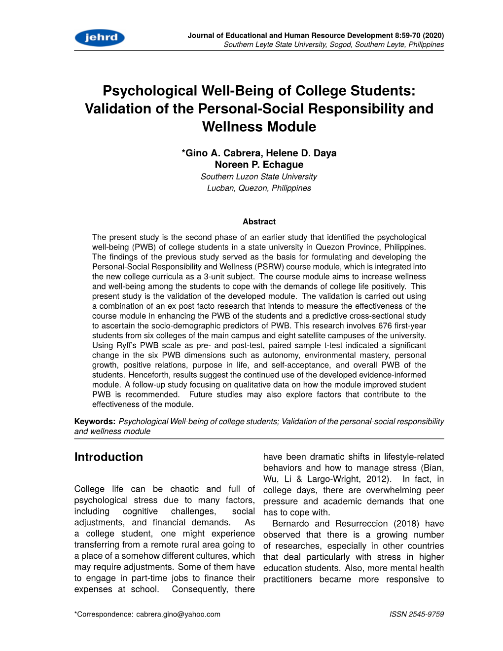 Psychological Well-Being of College Students: Validation of the Personal-Social Responsibility and Wellness Module