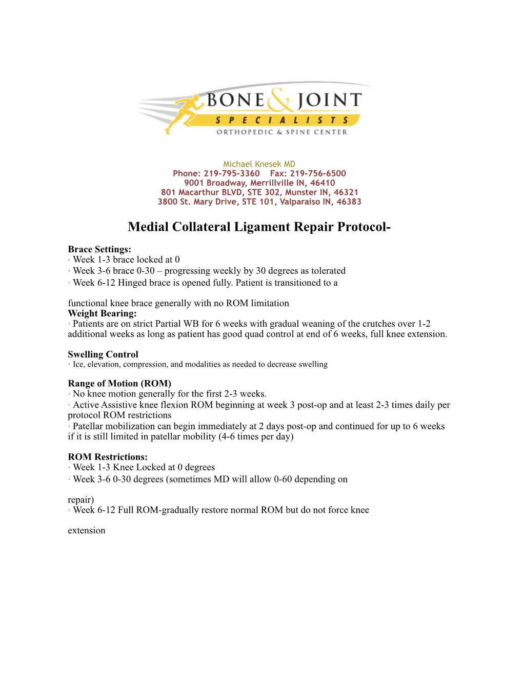 Medial Collateral Ligament Repair Protocol