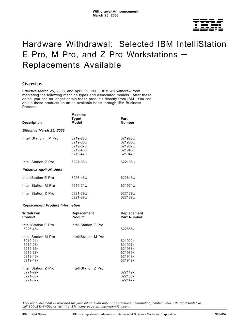 Hardware Withdrawal: Selected IBM Intellistation E Pro, M Pro, and Z Pro Workstations — Replacements Available