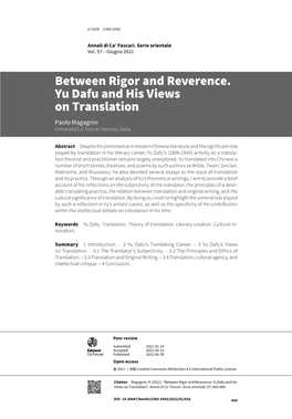Between Rigor and Reverence. Yu Dafu and His Views on Translation Paolo Magagnin Università Ca’ Foscari Venezia, Italia
