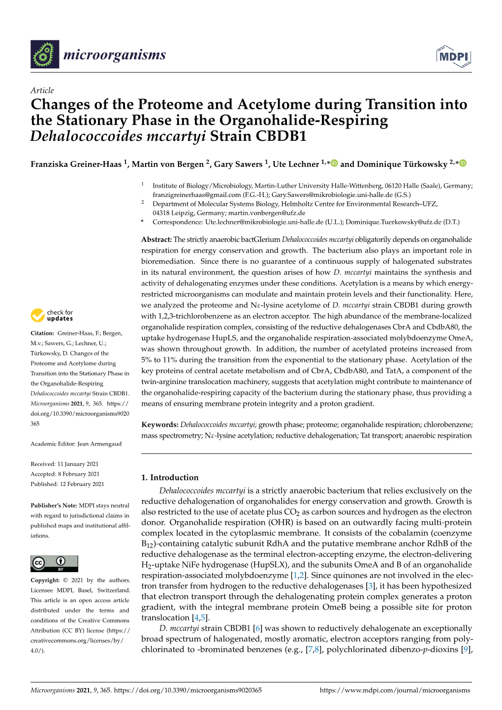 Changes of the Proteome and Acetylome During Transition Into the Stationary Phase in the Organohalide-Respiring Dehalococcoides Mccartyi Strain CBDB1