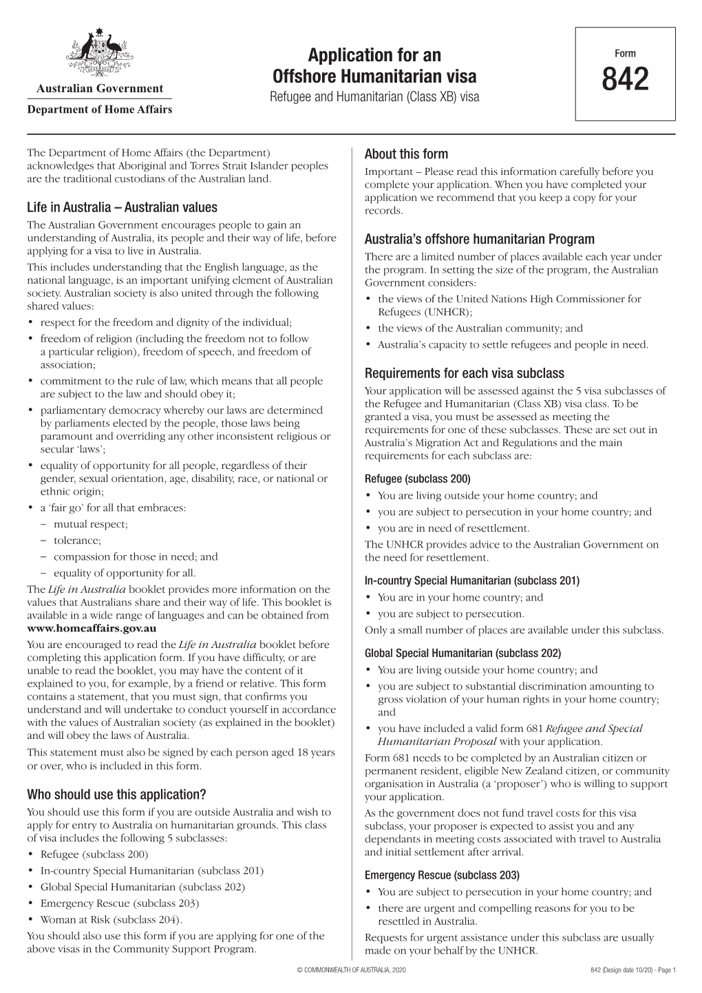 Form 842 Application for an Offshore Humanitarian Visa