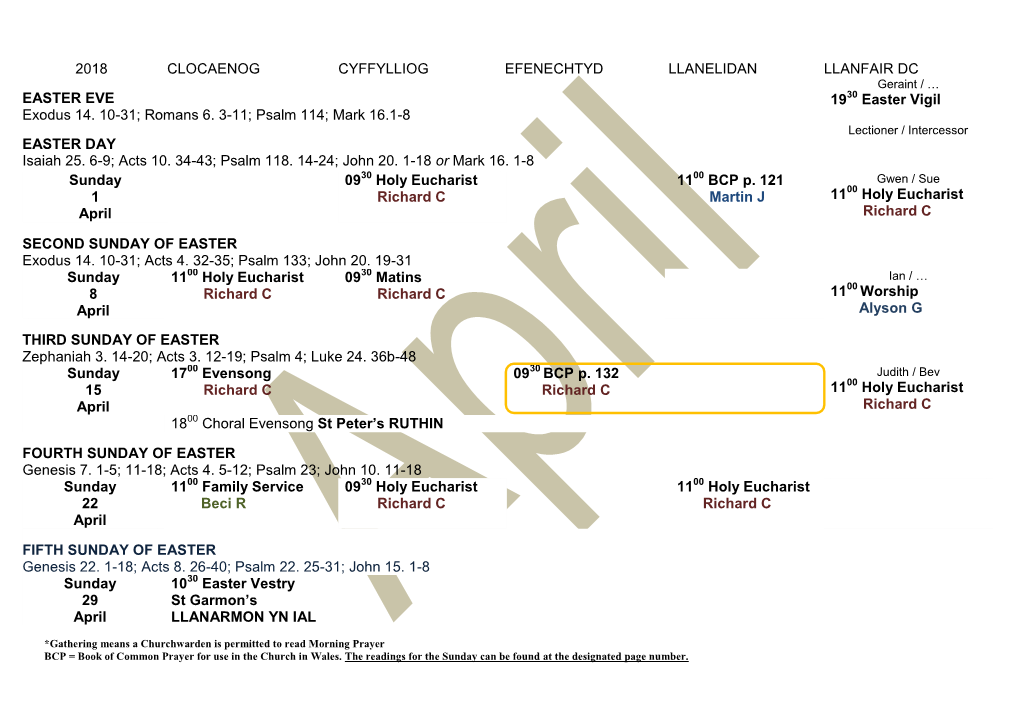 2018 CLOCAENOG CYFFYLLIOG EFENECHTYD LLANELIDAN LLANFAIR DC Geraint / … EASTER EVE 1930 Easter Vigil Exodus 14