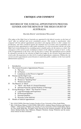 Critique and Comment Reform of the Judicial Appointments Process