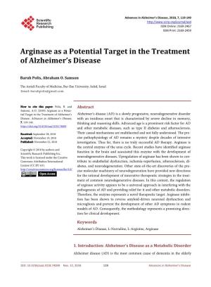 Arginase As a Potential Target in the Treatment of Alzheimer's Disease
