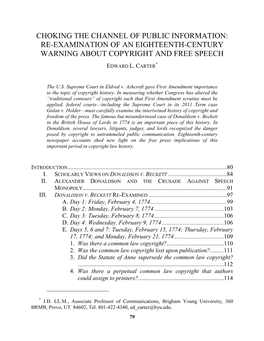 Choking the Channel of Public Information: Re-Examination of an Eighteenth-Century Warning About Copyright and Free Speech