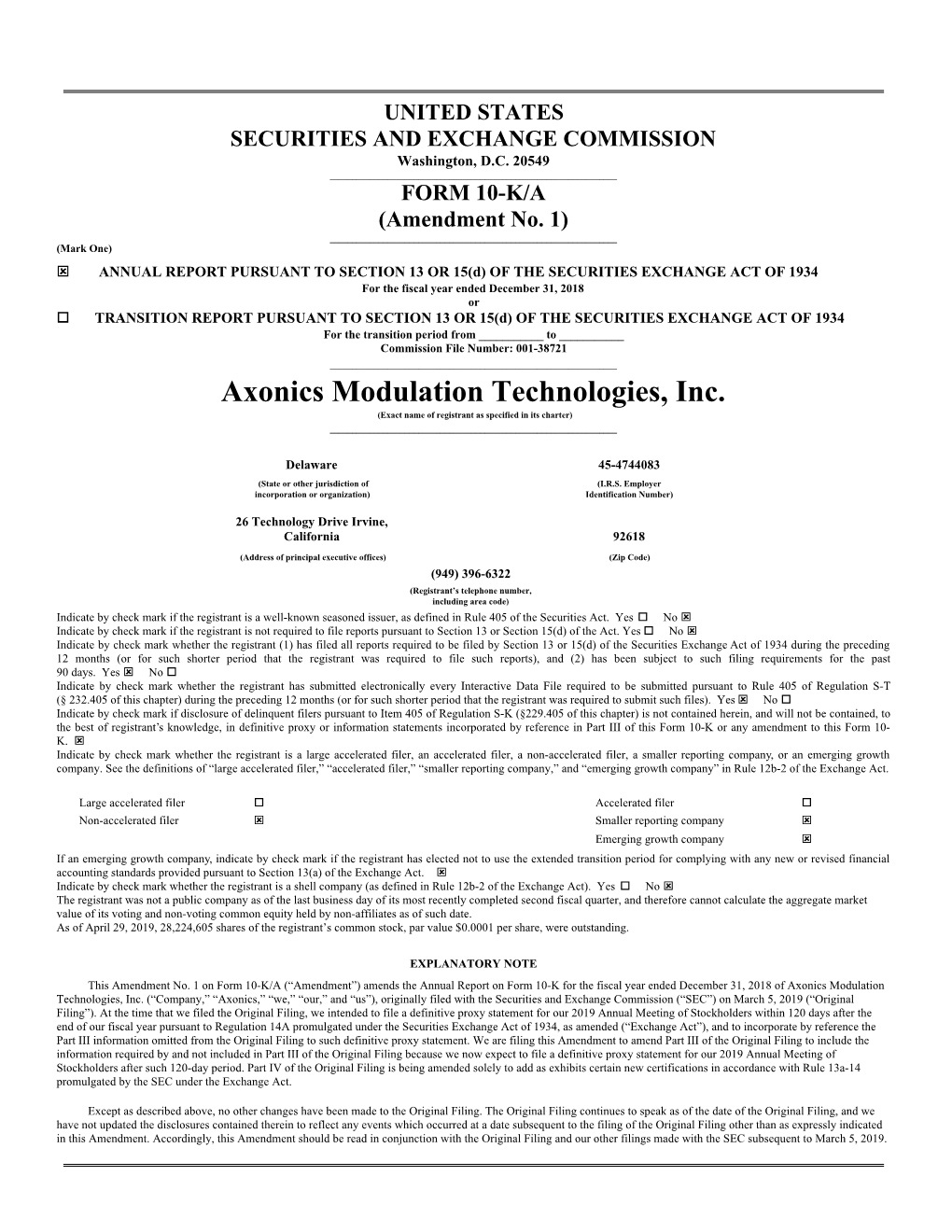 Axonics Modulation Technologies, Inc. (Exact Name of Registrant As Specified in Its Charter) ______