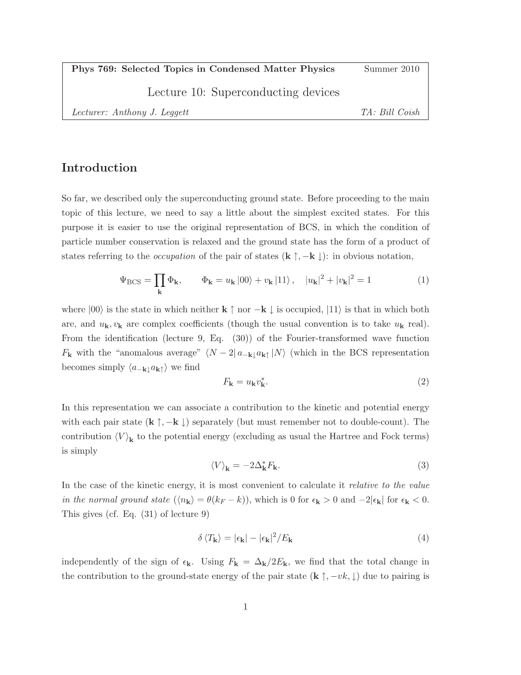 Lecture 10: Superconducting Devices Introduction