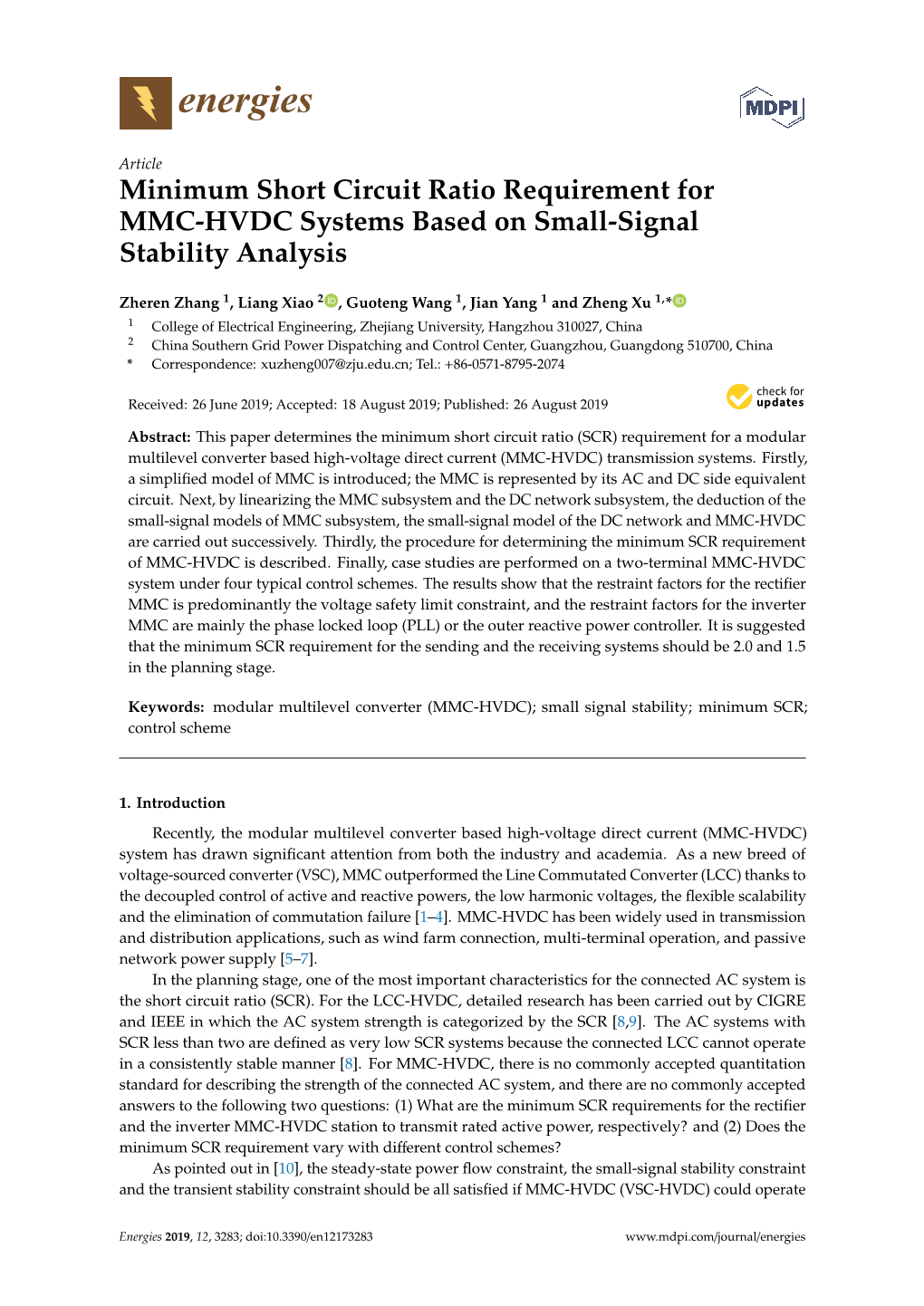 Minimum Short Circuit Ratio Requirement for MMC-HVDC Systems Based on Small-Signal Stability Analysis