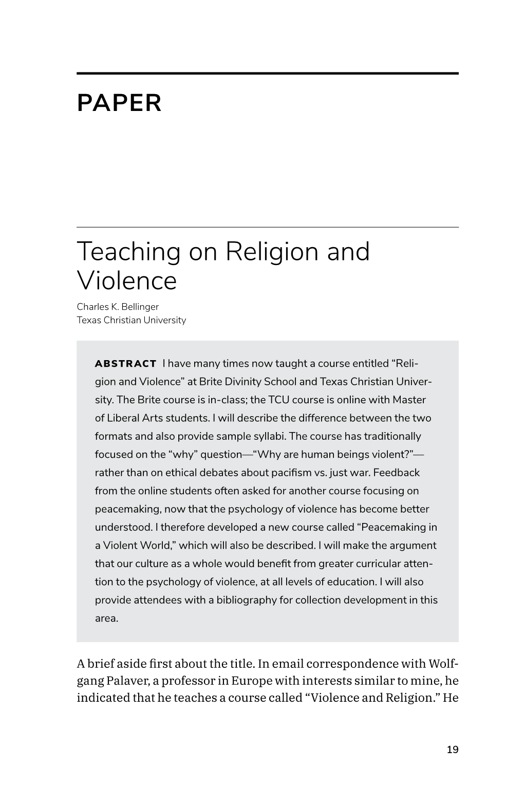 Teaching on Religion and Violence Charles K