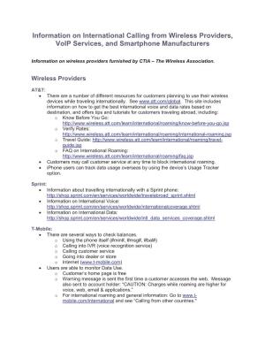 Information on International Calling from Wireless Providers, Voip Services, and Smartphone Manufacturers