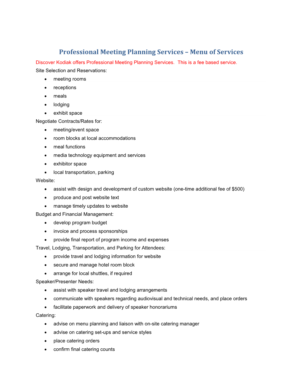 Professional Meeting Planning Services Menu of Services