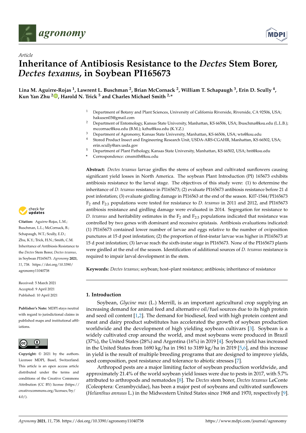 Inheritance of Antibiosis Resistance to the Dectes Stem Borer, Dectes Texanus, in Soybean PI165673