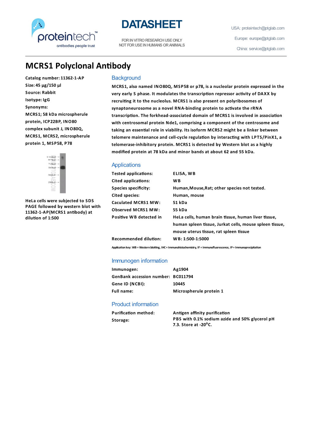 DATASHEET USA: Proteintech@Ptglab.Com