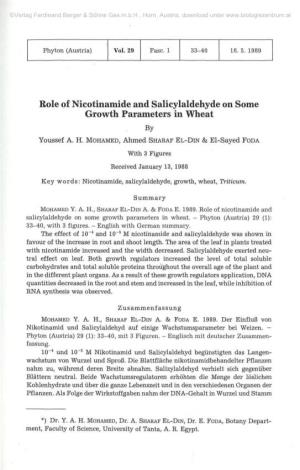 Role of Nicotinamide and Salicylaldehyde on Some Growth Parameters in Wheat