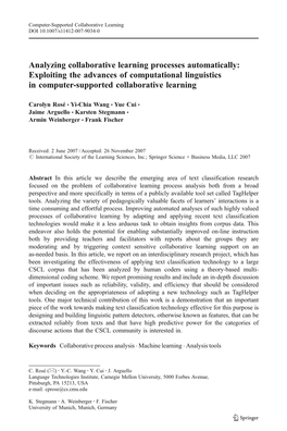 Analyzing Collaborative Learning Processes Automatically: Exploiting the Advances of Computational Linguistics in Computer-Supported Collaborative Learning