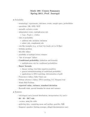Math 180: Course Summary Spring 2011, Prof. Jauregui