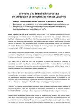 Siemens and Biontech Cooperate on Production of Personalized Cancer Vaccines