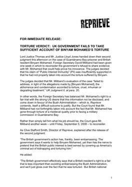 For Immediate Release: Torture Verdict: Uk