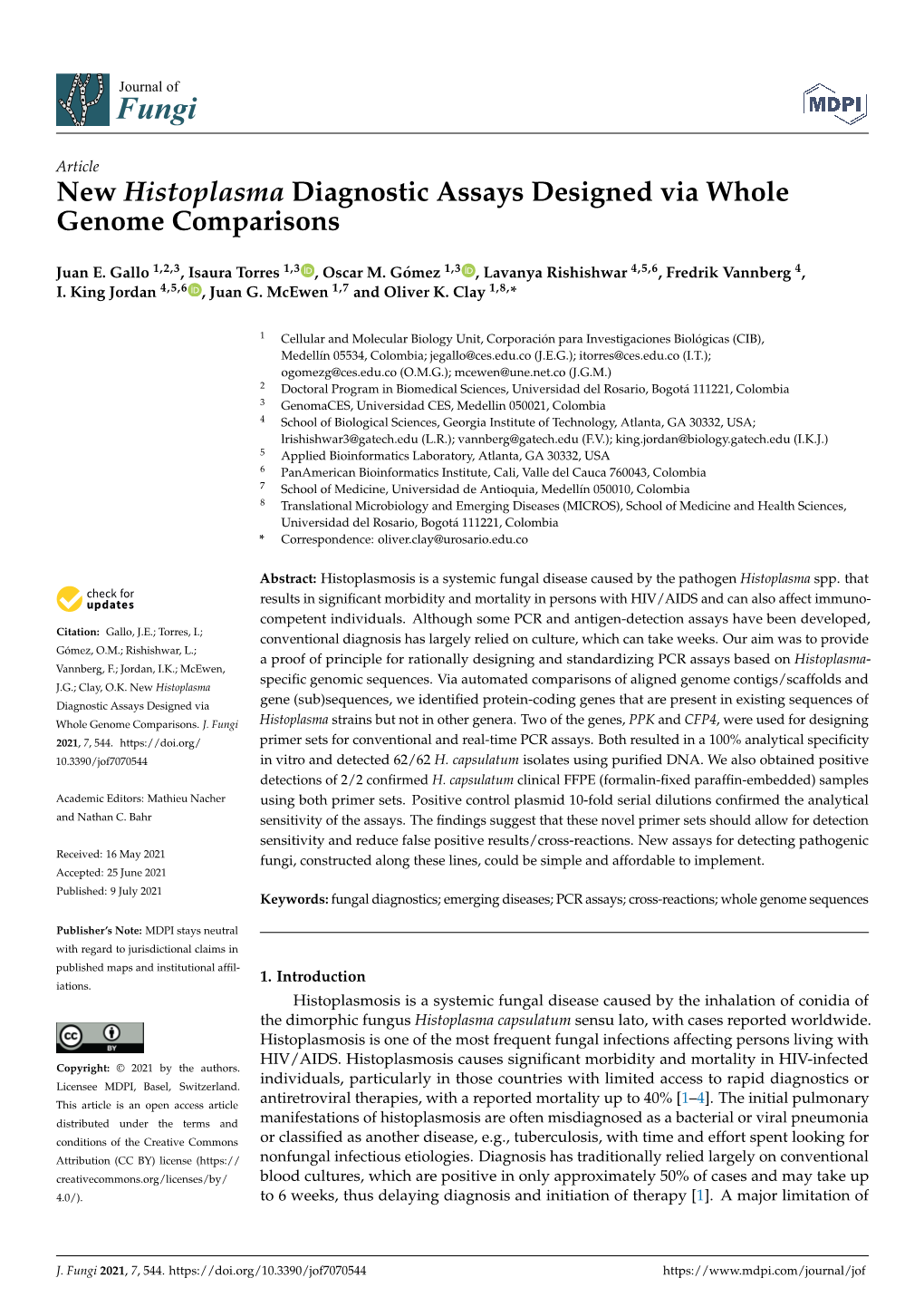 New Histoplasma Diagnostic Assays Designed Via Whole Genome Comparisons