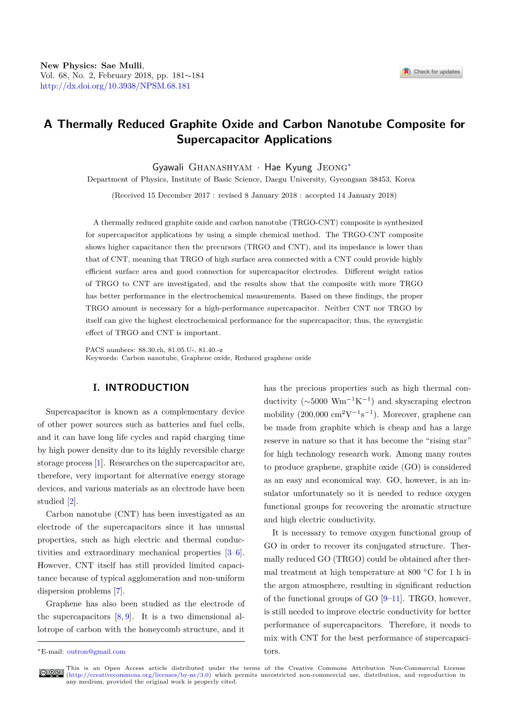 A Thermally Reduced Graphite Oxide and Carbon Nanotube Composite for Supercapacitor Applications