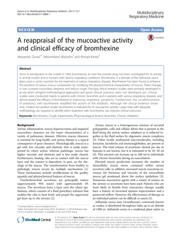 A Reappraisal of the Mucoactive Activity and Clinical Efficacy of Bromhexine Alessandro Zanasi1*, Massimiliano Mazzolini2 and Ahmad Kantar3