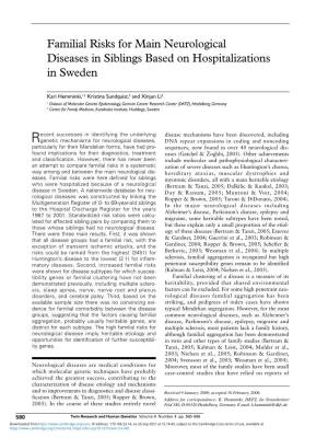 Familial Risks for Main Neurological Diseases in Siblings Based on Hospitalizations in Sweden