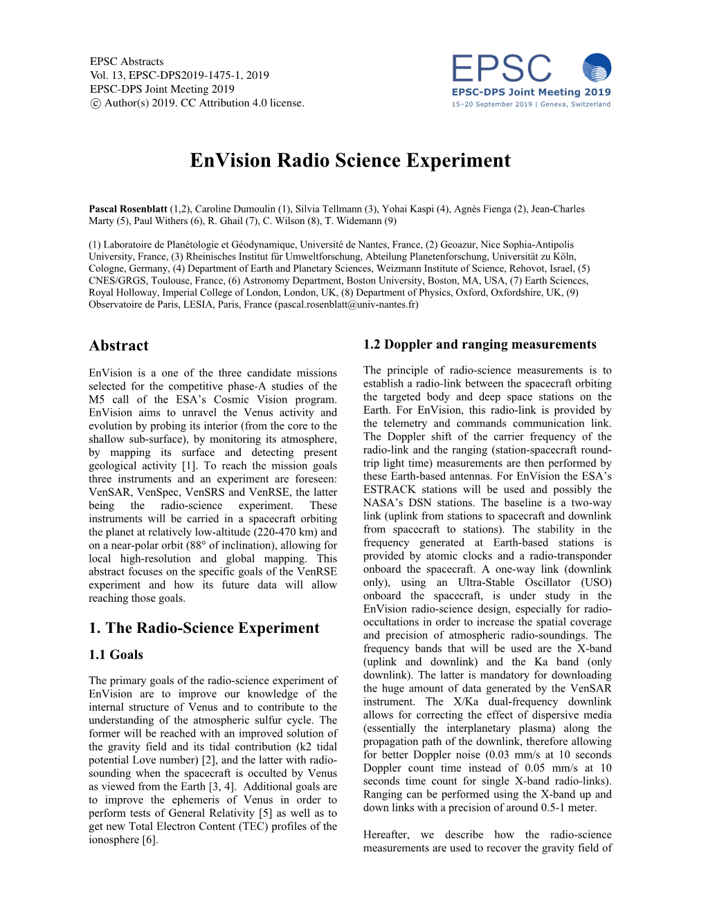 Envision Radio Science Experiment