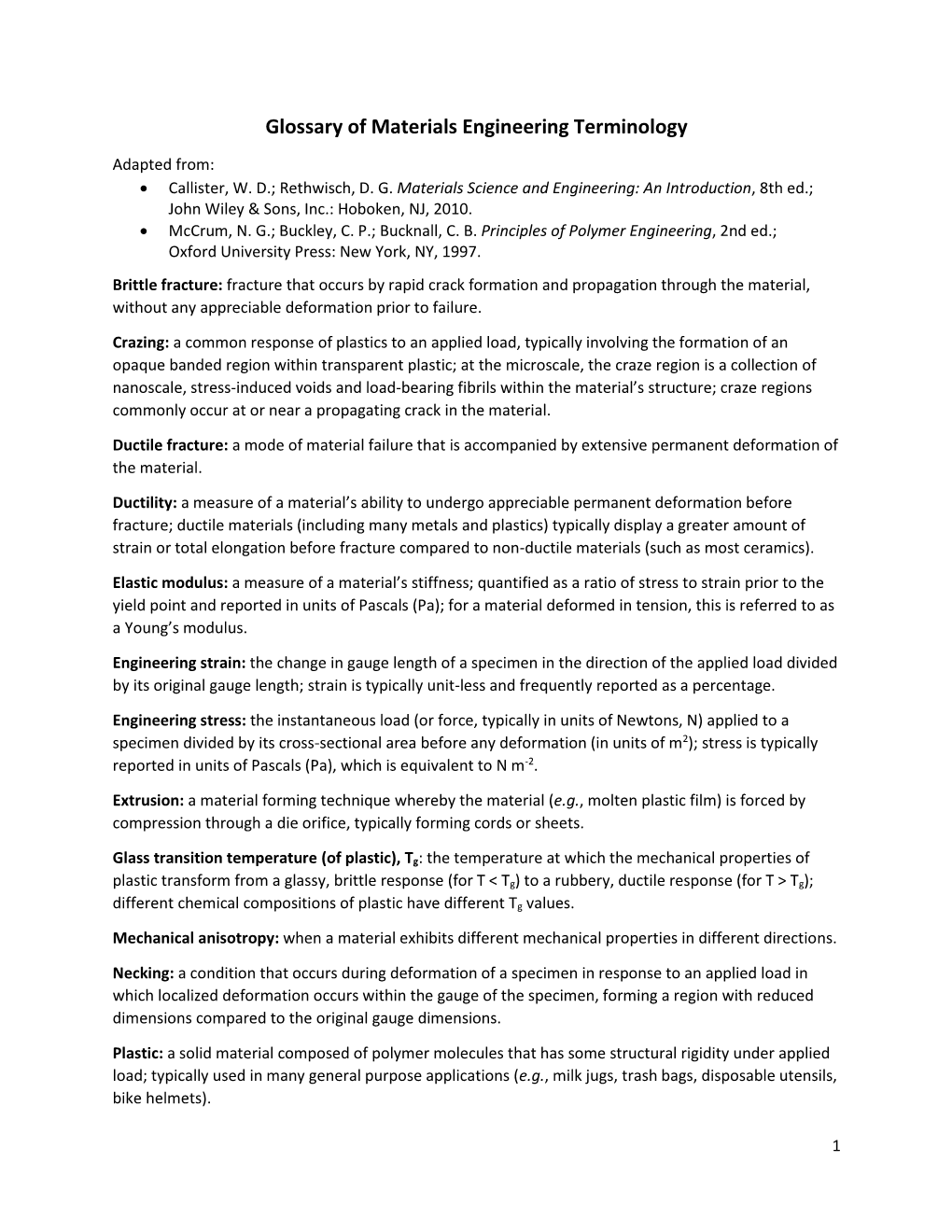 Glossary of Materials Engineering Terminology