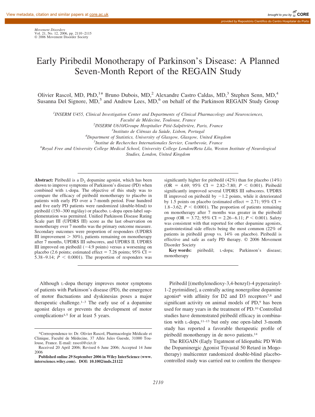 Early Piribedil Monotherapy of Parkinson's Disease