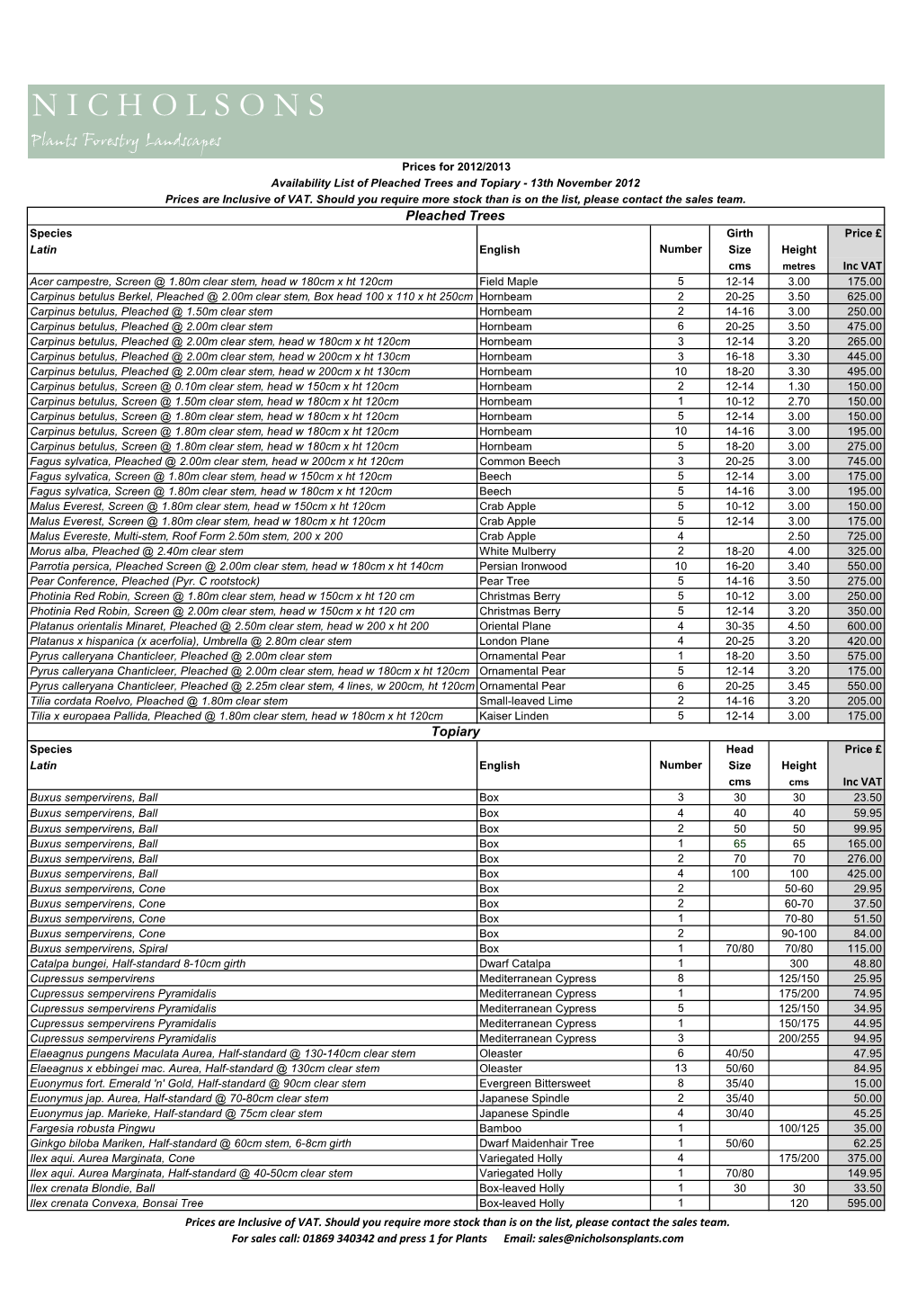 N I C H O L S O N S Plants Forestry Landscapes Prices for 2012/2013 Availability List of Pleached Trees and Topiary - 13Th November 2012 Prices Are Inclusive of VAT