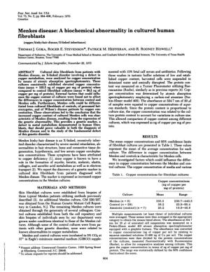 Menkes Disease: a Biochemical Abnormality in Cultured Human Fibroblasts (Copper/Kinky-Hair Disease/X-Linked Inheritance) THOMAS J