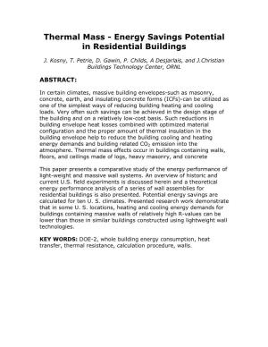 Thermal Mass - Energy Savings Potential in Residential Buildings