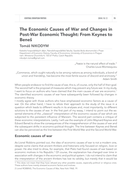 The Economic Causes of War and Changes in Post-War Economic Thought: from Keynes to Beneš Tomáš NIKODYM