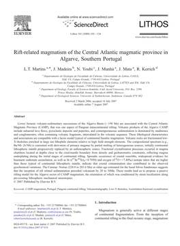 Rift-Related Magmatism of the Central Atlantic Magmatic Province in Algarve, Southern Portugal ⁎ L.T