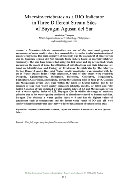 Macroinvertebrates As a BIO Indicator in Three Different Stream Sites of Bayugan Agusan Del Sur