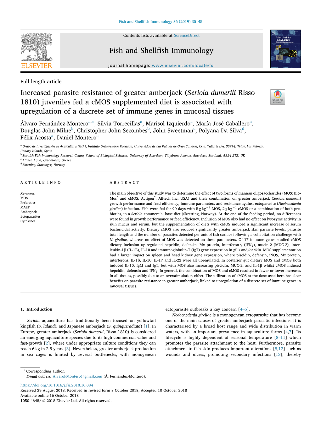 Increased Parasite Resistance of Greater Amberjack (Seriola Dumerili