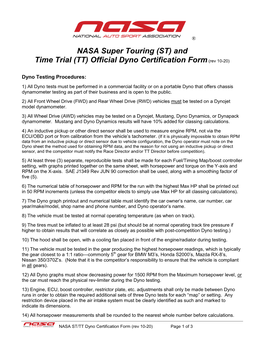 NASA Super Touring (ST) and Time Trial (TT) Official Dyno Certification Form(Rev 10-20)