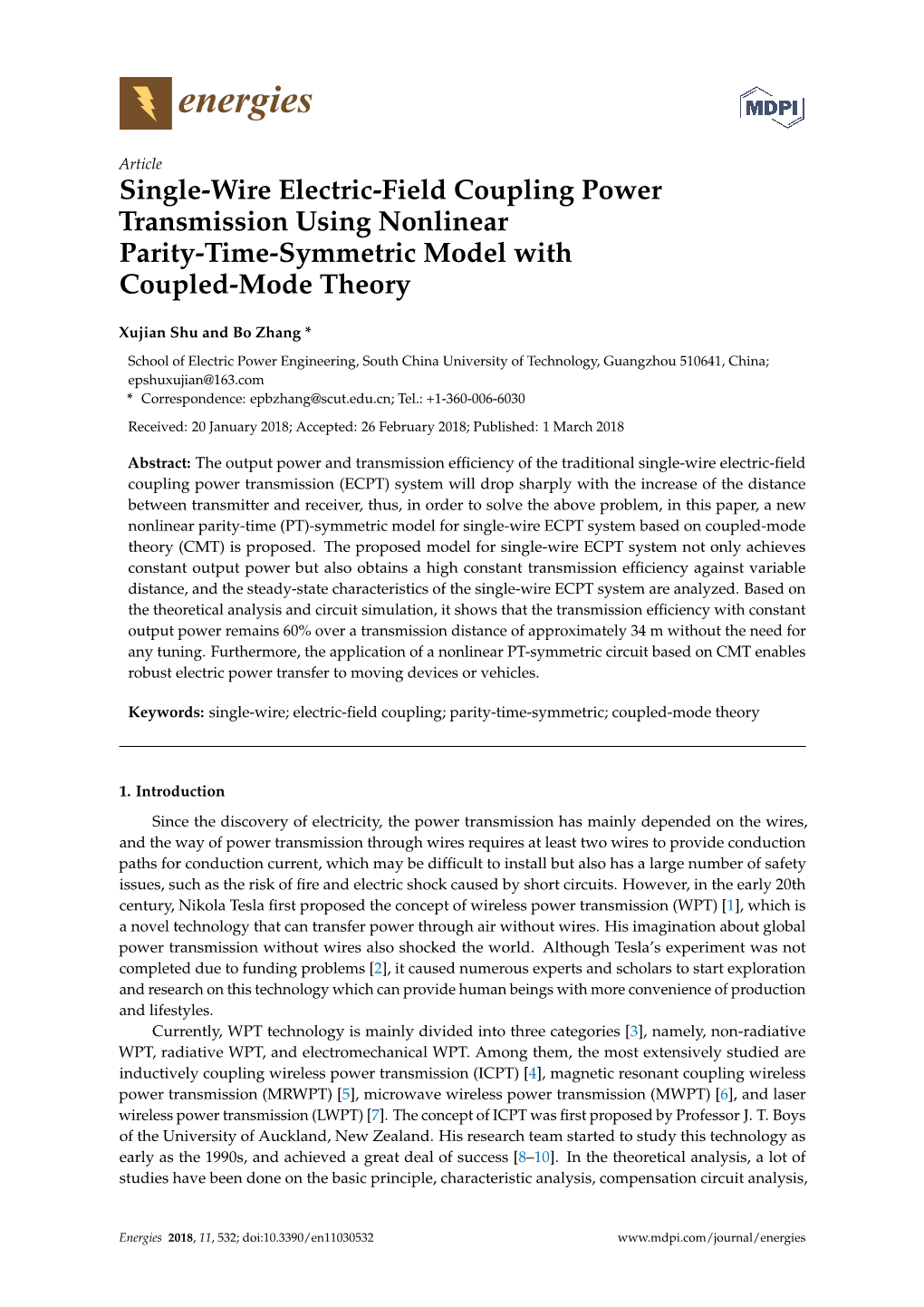 Single-Wire Electric-Field Coupling Power Transmission Using Nonlinear Parity-Time-Symmetric Model with Coupled-Mode Theory