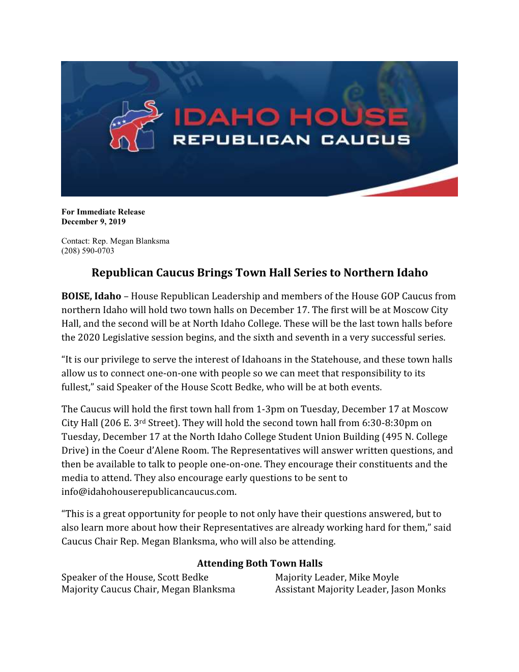 Republican Caucus Brings Town Hall Series to Northern Idaho