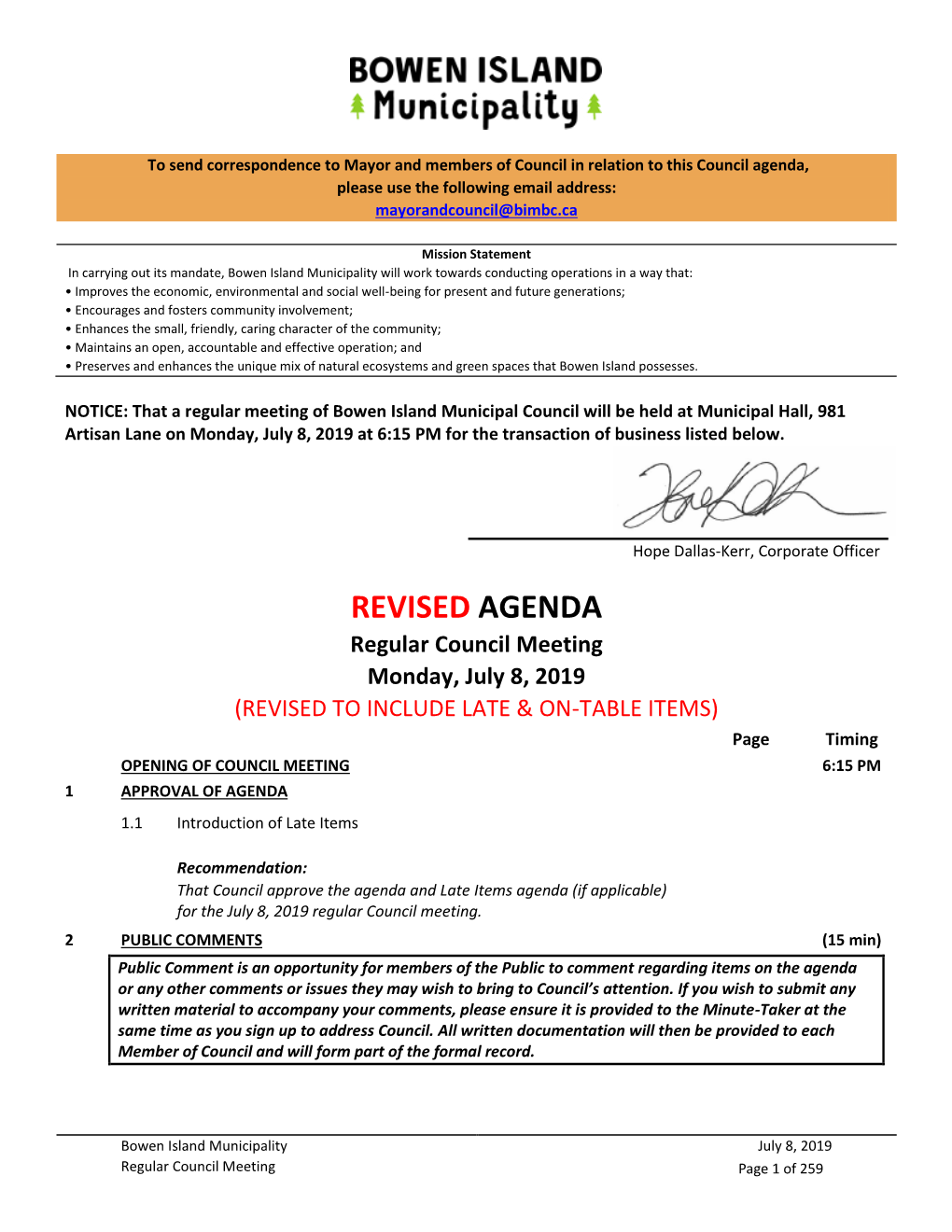 Regular Council Meeting Monday, July 8, 2019