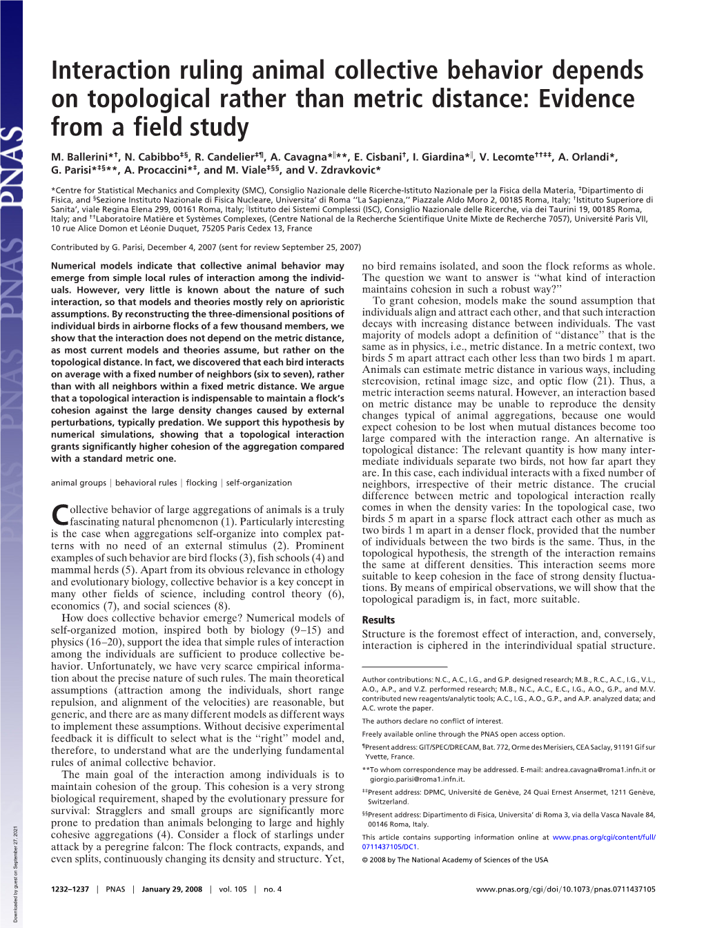 Interaction Ruling Animal Collective Behavior Depends on Topological Rather Than Metric Distance: Evidence from a Field Study