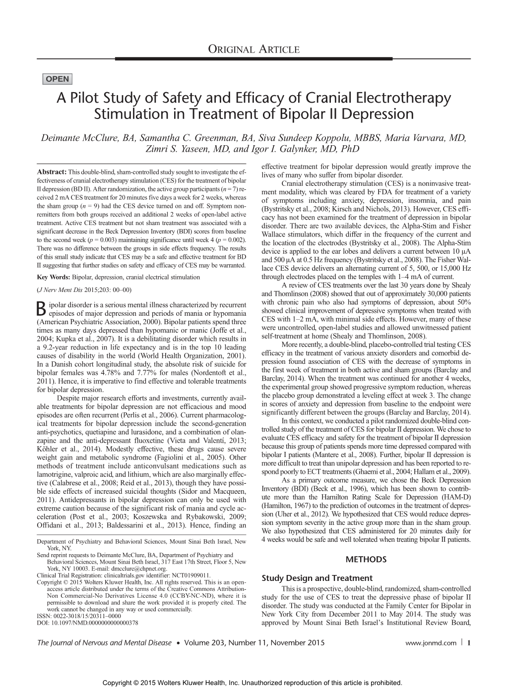 A Pilot Study of Safety and Efficacy of Cranial Electrotherapy Stimulation in Treatment of Bipolar II Depression