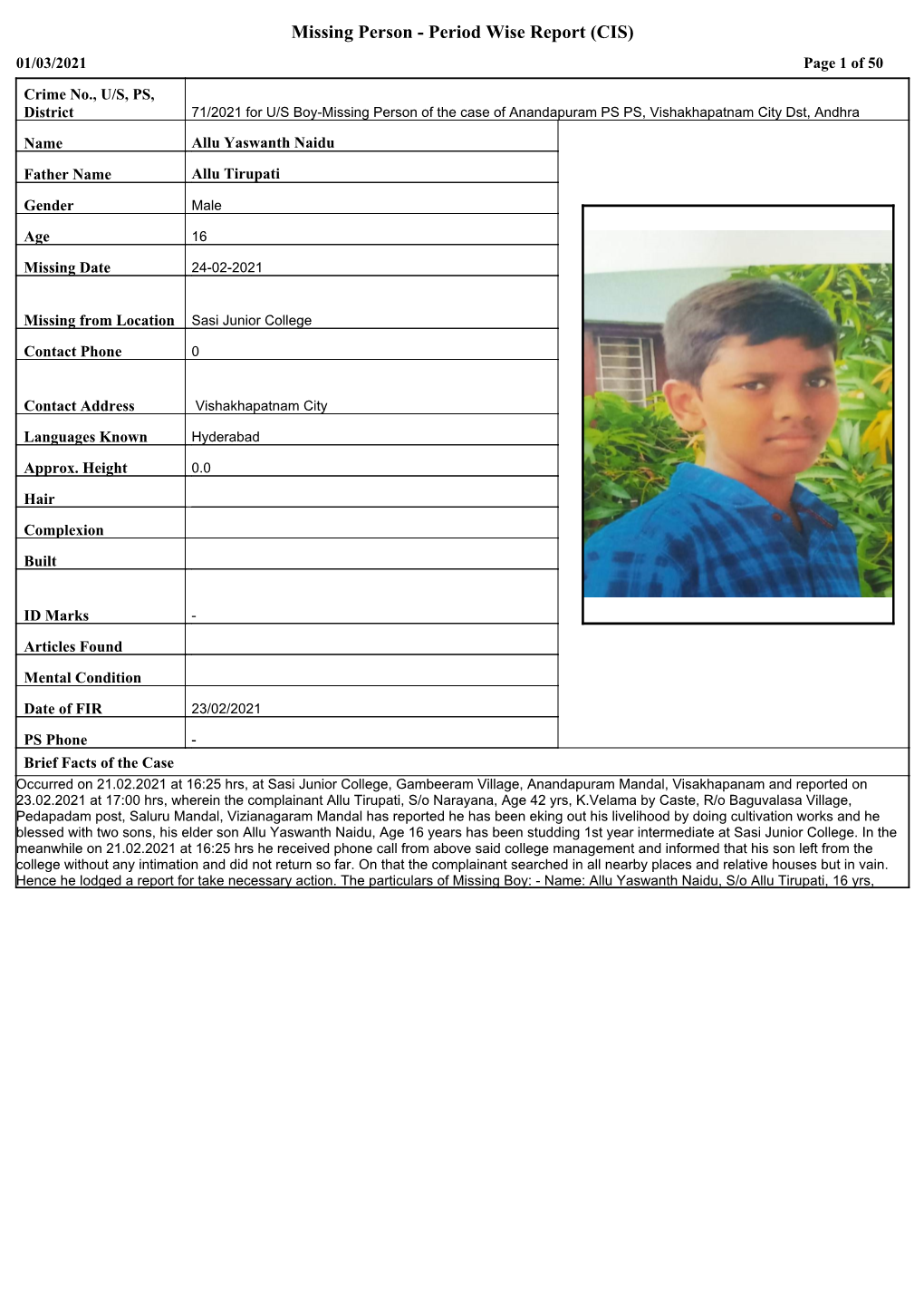 Missing Person - Period Wise Report (CIS) 01/03/2021 Page 1 of 50