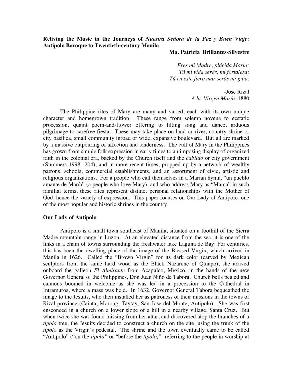 Reliving the Music in the Journeys of Nuestra Señora De La Paz Y Buen Viaje: Antipolo Baroque to Twentieth-Century Manila Ma