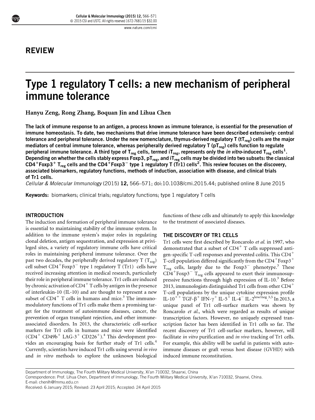 Type 1 Regulatory T Cells: a New Mechanism of Peripheral Immune Tolerance