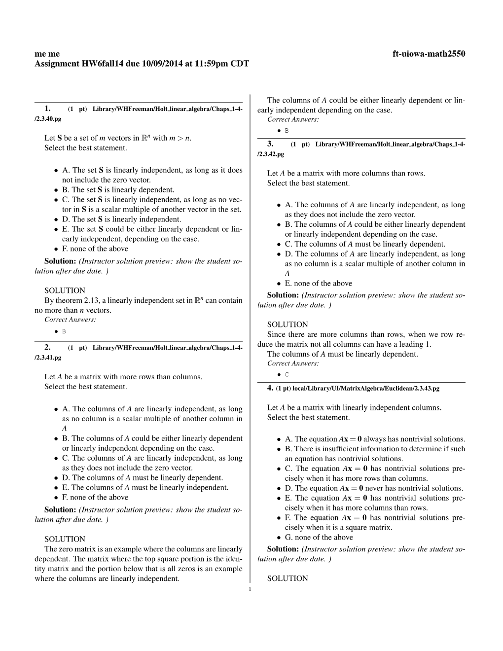 Me Me Ft-Uiowa-Math2550 Assignment Hw6fall14 Due 10/09/2014 at 11:59Pm CDT